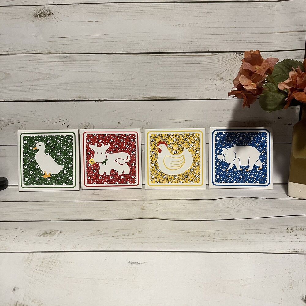 Vintage Country Calico Farm Animal Tile Trivet Coaster set Chick Cow Duck Pig